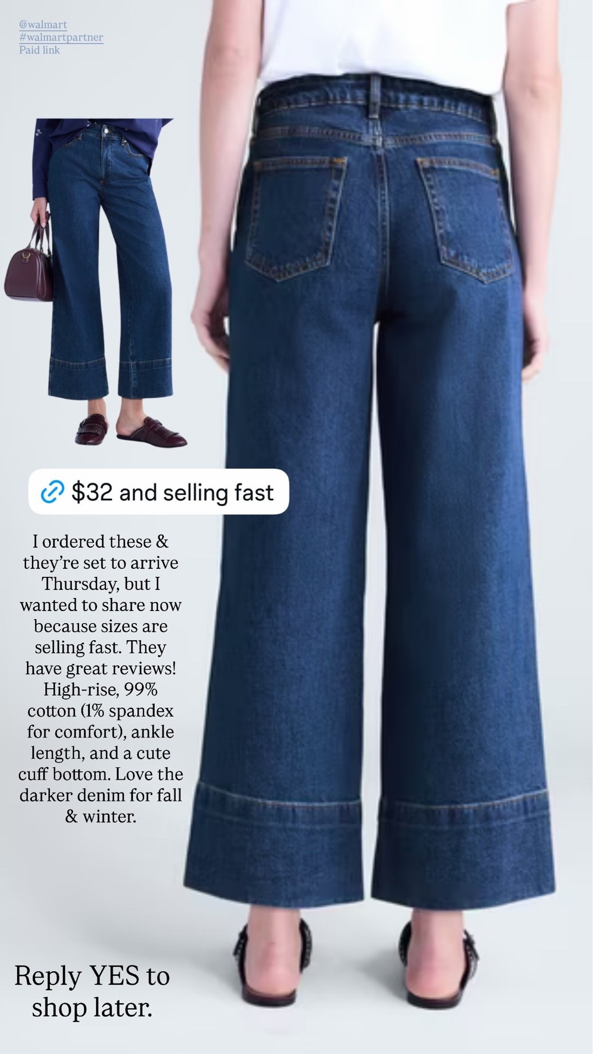 These $32 ankle denim jeans from Walmart are selling fast and for good reason! They are 99% cotton and a perfect dark wash for fall. 

fall denim, denim jeans, women's style, fall outfit 

 #LTKootd #LTKmomlife #LTKSeasonal