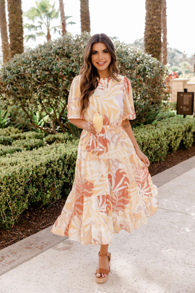 Wise Decision Yellow Tropical Open Back Midi Dress | The Pink Lily Boutique