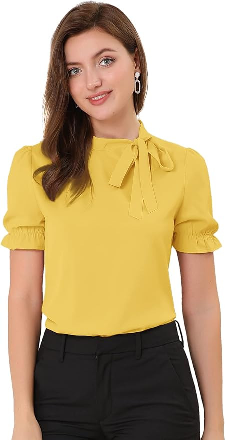 Allegra K Women's Bow Tie Neck Tops Elegant Office Short Sleeve Blouse | Amazon (US)