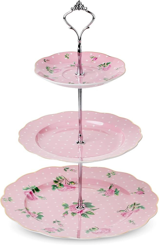 BTaT- Floral 3 Tier Cake Stand, Porcelain, Pastel Pink with Pink Roses & Gold Trim, 3 Tiered Dess... | Amazon (US)