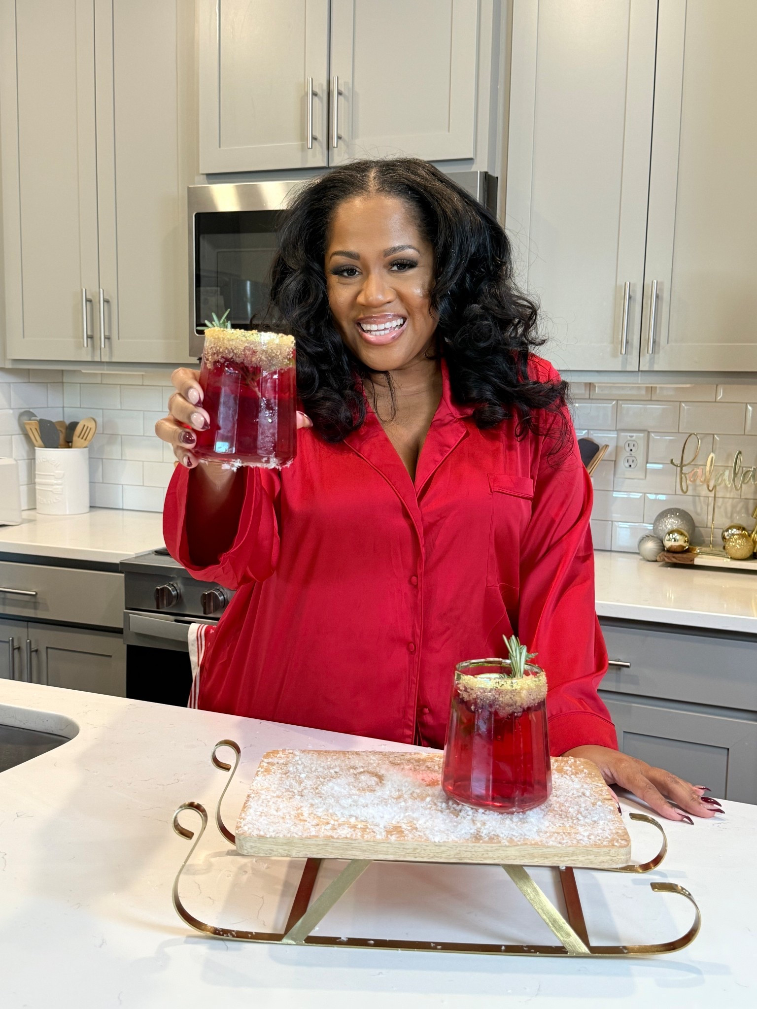 Tagging these PJs and the barware including the sleigh used for this drink!!
Sz XL in PJs 
Recipe for large batch or you can break in down and use shaker for personal cocktail. 
5 cups pomegranate juice
1/2 cup fresh lime juice
1 cup silver tequila
1-2 bottles of champagne 
Instructions
In a pitcher, stir together pomegranate juice, lime juice, and tequila. Pour about 1/2 cup into each glass top with  champagne.Garnish with lime, cranberry and rosemary for holiday season. 


#LTKHoliday #LTKdayinmylife #LTKGiftGuide