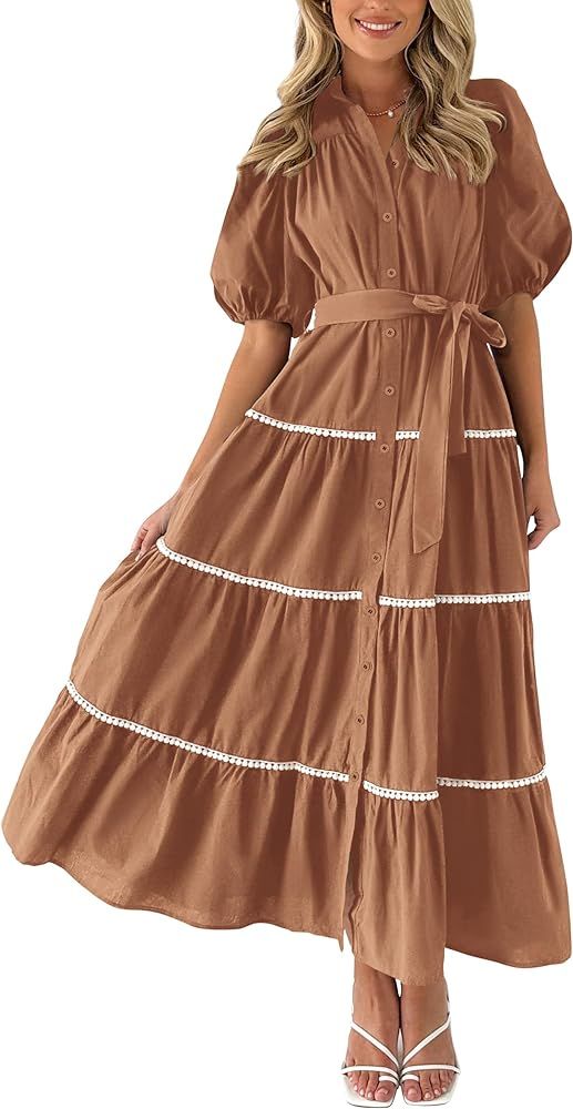 PRETTYGARDEN Women's Summer Button Down Shirt Dress Short Puffy Sleeve Tiered Ruffle Flowy Long M... | Amazon (US)