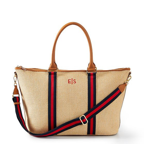 Raffia Twill Zip-Top Travel Tote, Navy-Red Twill Strap | Mark and Graham