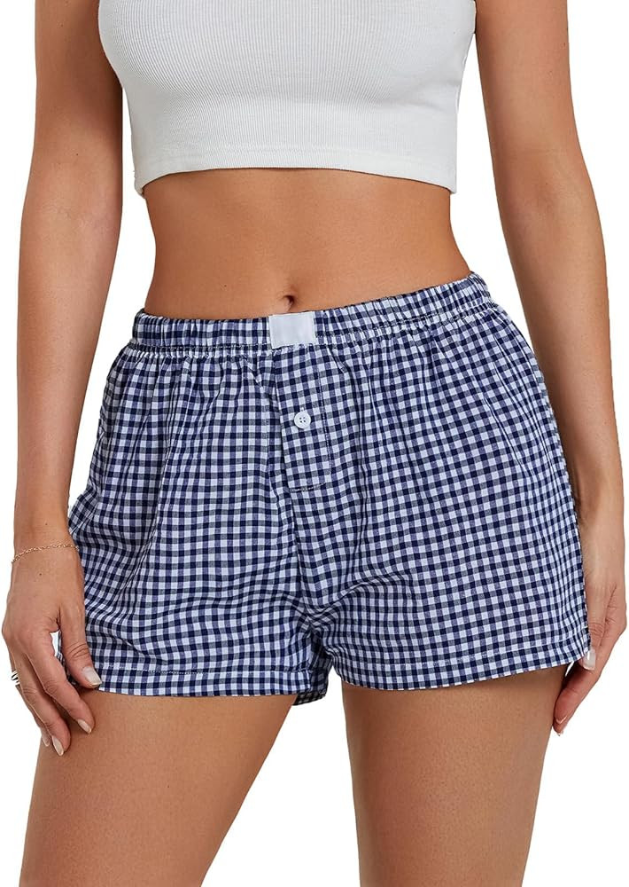 Y2K Boxer Shorts for Womens Low Waist Plaid Lounge Shorts Elastic Cute Gingham Pajamas Bottoms Su... | Amazon (US)