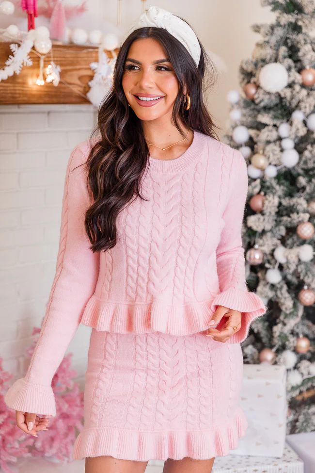 Glistening In The Snow Pink Cropped Ruffle Trim Sweater | Pink Lily