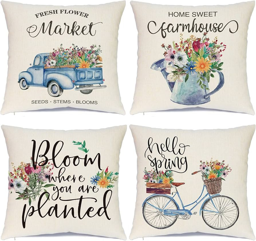 Hlonon Spring Pillow Covers 18 x 18 Set of 4 Farmhouse Decorative Pillow Covers Blue Truck Bicycl... | Amazon (US)