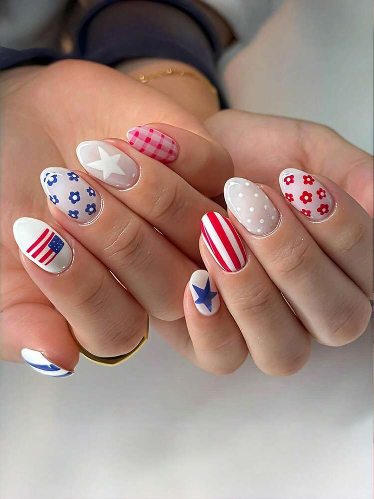 24-Piece Independence Day Patriotic Flower Star Nail Art Set. The Medium Oval-Shaped Holiday Fals... | SHEIN