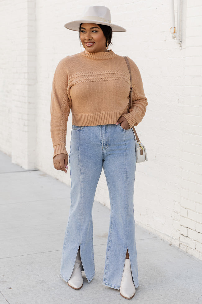 Taking The Long Way Brown Braided Detail Mock Neck Sweater FINAL SALE | Pink Lily