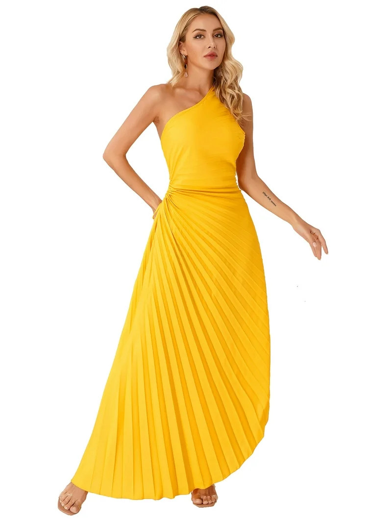 YIZYIF Womens Sleeveless One Shoulder Long Dress Drawstring Pleated Wedding Cocktail Party Maxi D... | Walmart (US)