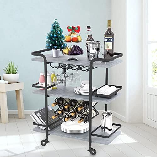 Jubao Bar Serving Cart Mobile Kitchen Trolley Wine Cart, 3 Tiers Storage Shelf with Glass Holder, Wi | Amazon (US)
