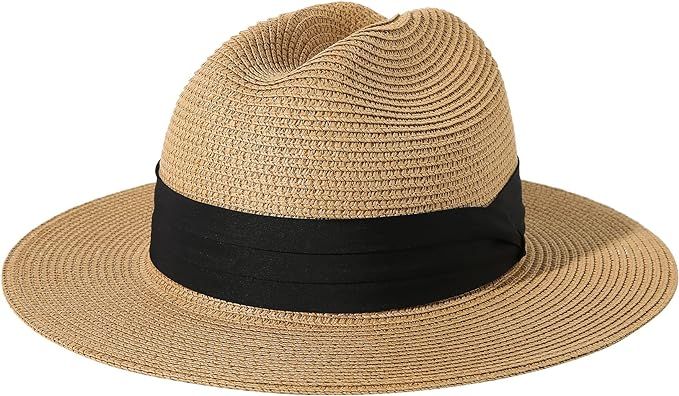 Lanzom Women Men Wide Brim Beach Sun Straw Hat UPF50 Travel Foldable Brim Summer Straw Cowboy Hat | Amazon (US)