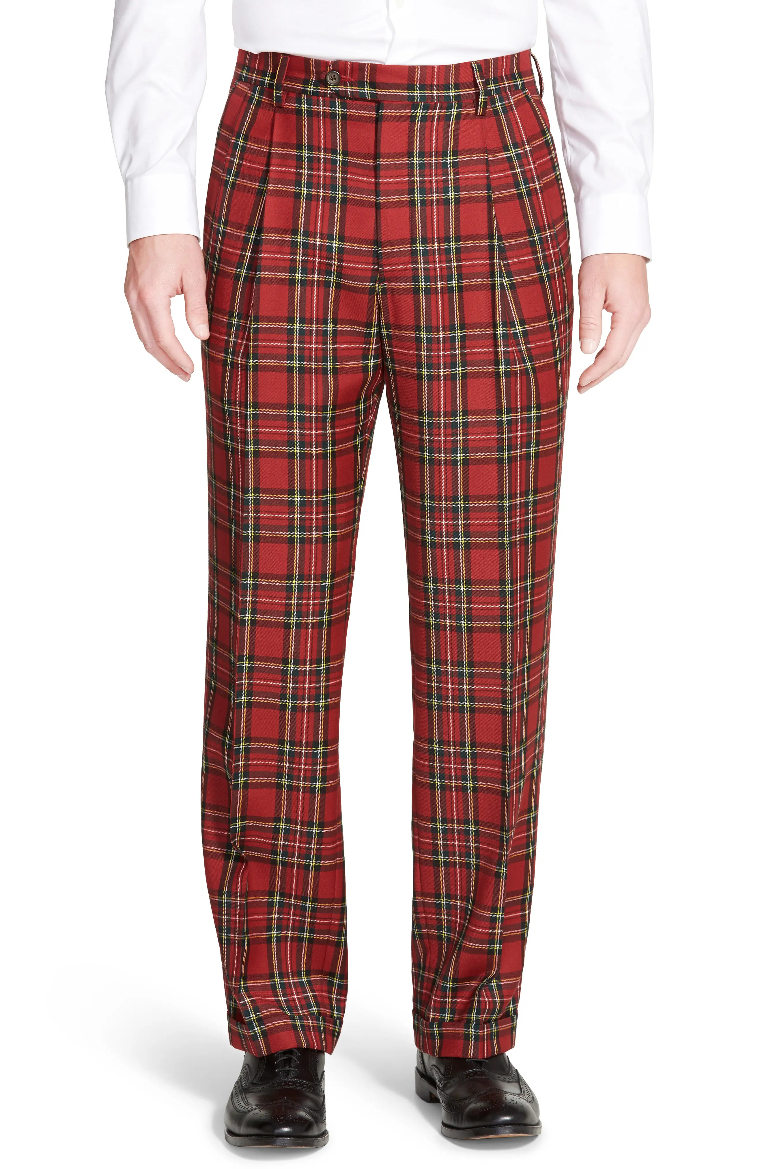 Berle Touch Finish Pleated Classic Fit Plaid Wool Trousers in Red at Nordstrom, Size 38 X Unhemme... | Nordstrom