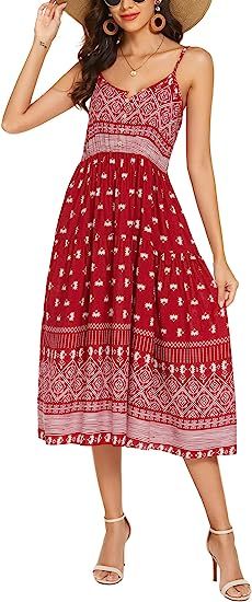 Chigant Women Casual Bohemian Floral Print Dresses Spaghetti Strap Long Summer Beach Swing Dress | Amazon (US)