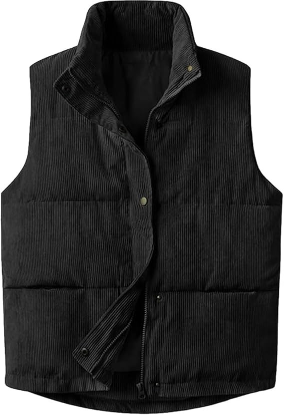 Womens Corduroy Puffer Vest Stand Collar Zip Snap Button Sleeveless Warm Waistcoat Padded Gilet | Amazon (US)