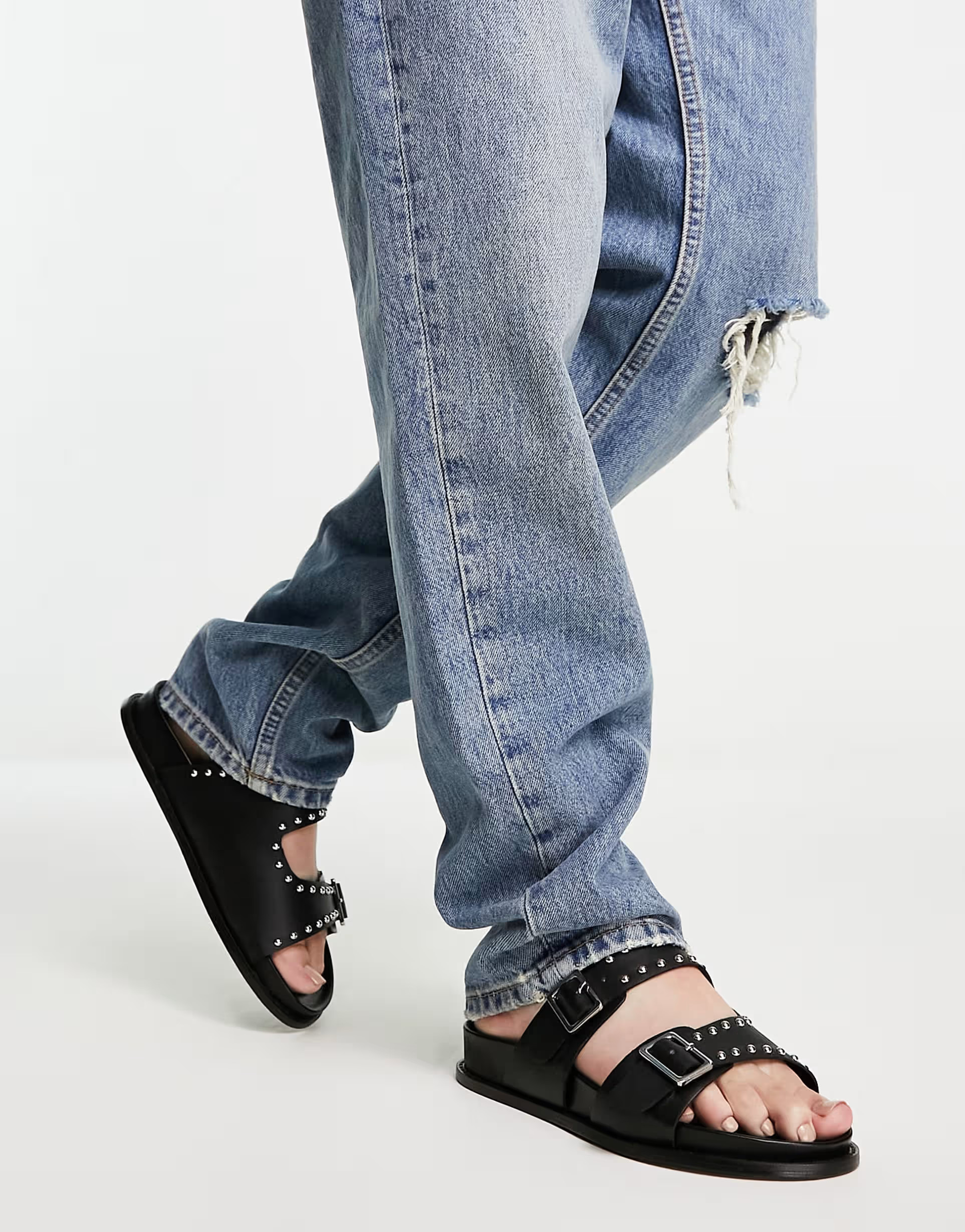 London Rebel Leather studded buckle slides in black | ASOS (Global)