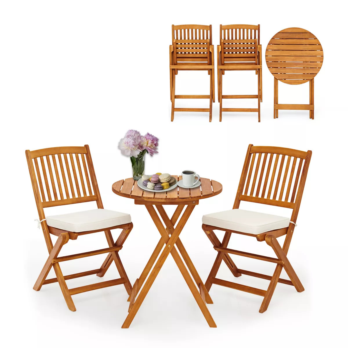 Tangkula 3 PCS Patio Bistro Set Acacia Wood Folding Set w/ Round Coffee Table & Padded Cushion Ou... | Target