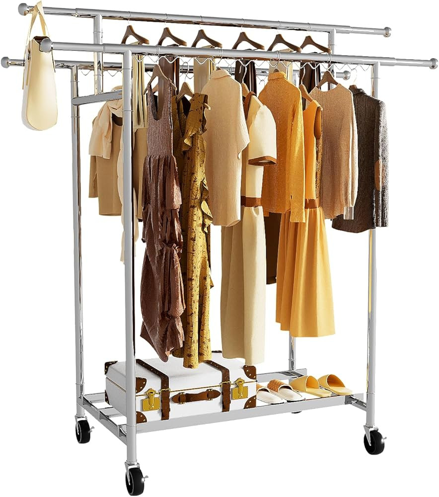 mahumahu Heavy Duty Clothes Rack, Rolling Clothing Rack with Sturdy Wheels and Shelves, Double Ro... | Amazon (US)