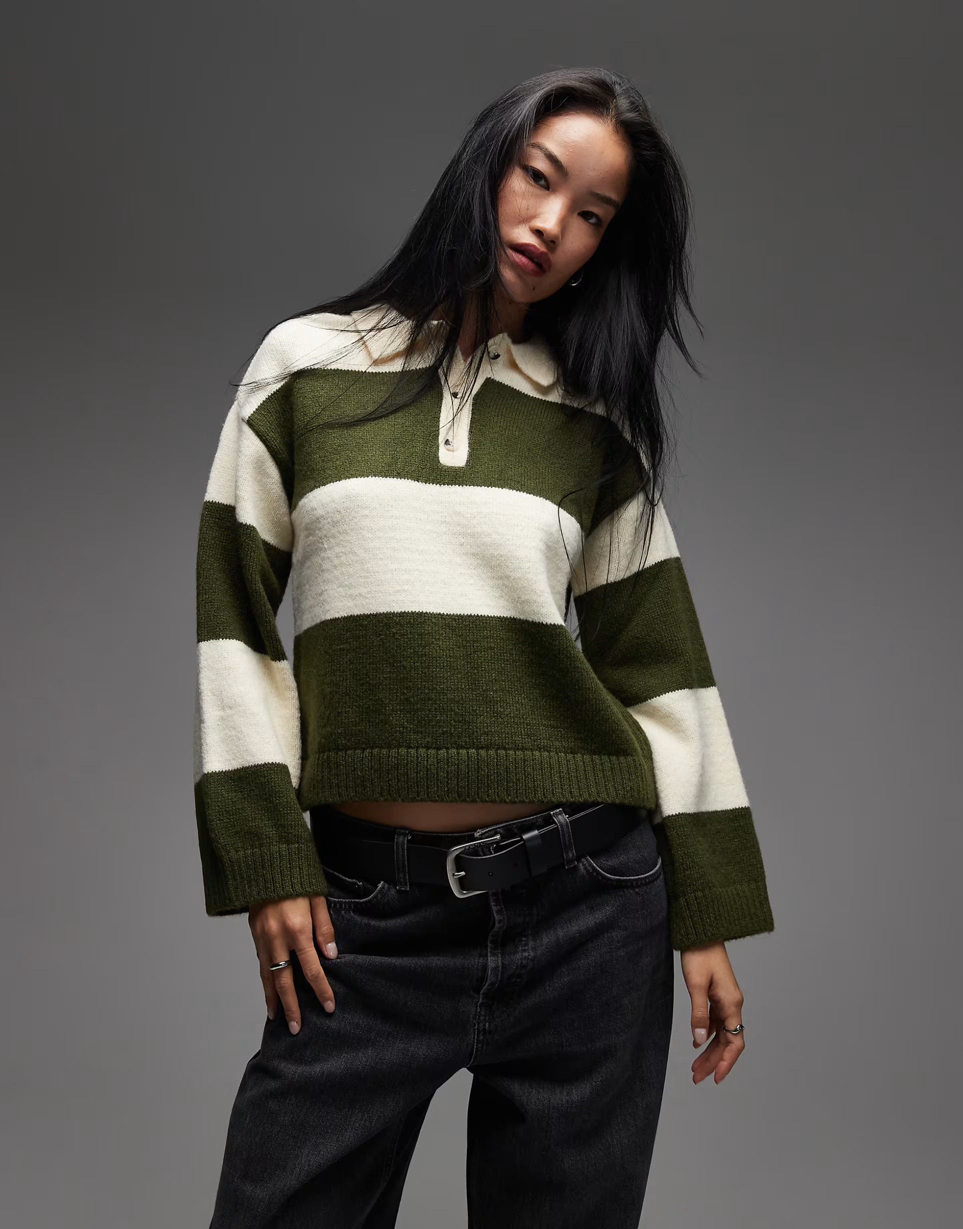 ASOS DESIGN oversized knit rugby top in green stripe | ASOS (Global)