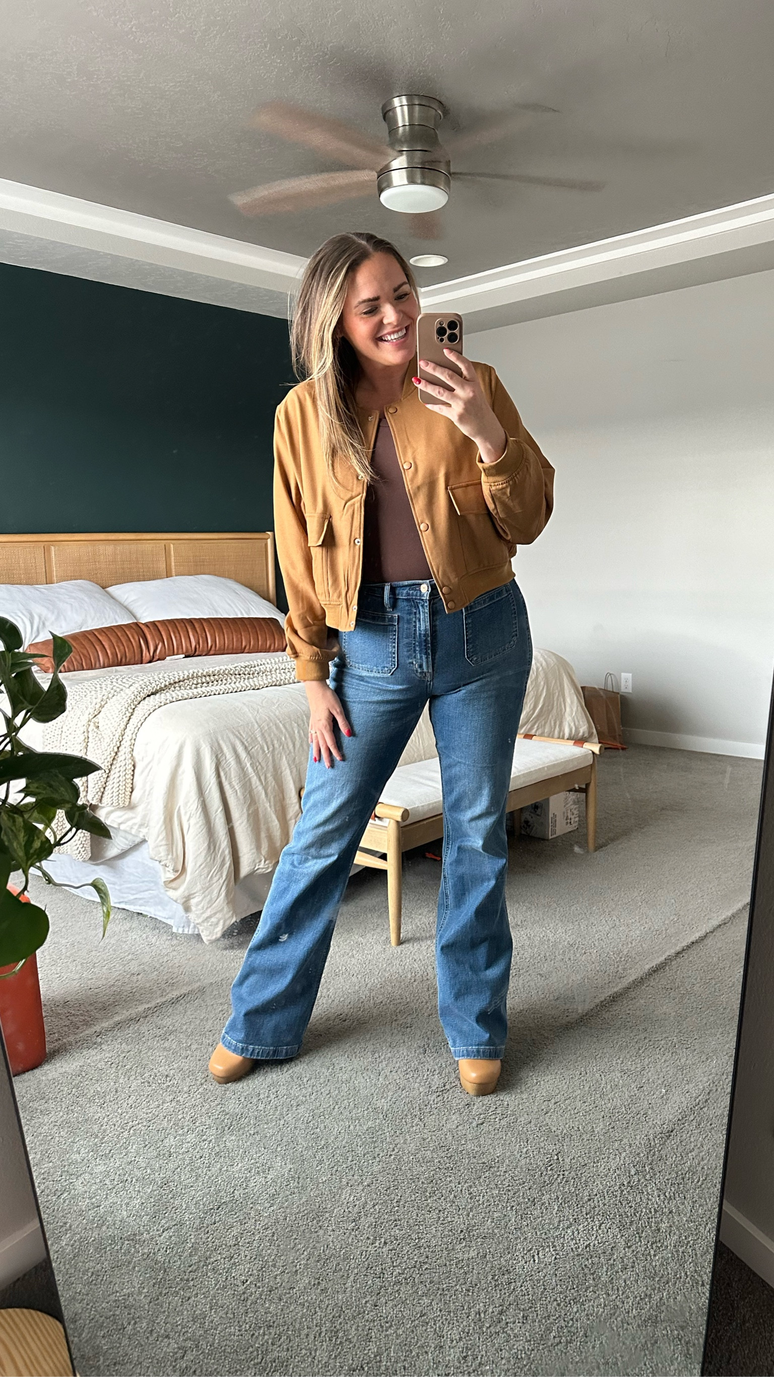 Friday fit. Cropped bomber, clogs, bodysuit, and 70s flare pants  

#LTKMidsize #LTKFindsUnder100 #LTKFindsUnder50