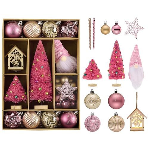 DecorbyHannah 70ct Christmas Ornaments Set, Shatterproof Decorative Pink Gold Christmas Tree Decorations with Small Xmas Tree, Gnome and Wooden Lighted Bird House for Home Party Halloween Decor | Amazon (US)