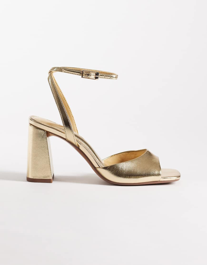 ASOS DESIGN Honour barely there block mid heel sandals in gold | ASOS (Global)