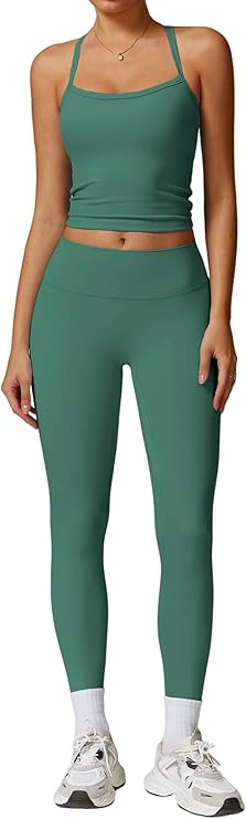 QBGJTD Womens Workout Sets Two Piece Cross Back Tank Top Matching High Waist Leggings Sets Gym Ou... | Amazon (US)