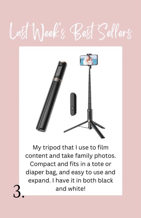 My tripod that I use to film content and take family photos.
Compact and fits in a tote or diaper bag, and easy to use and expand. I have it in both black and white! 