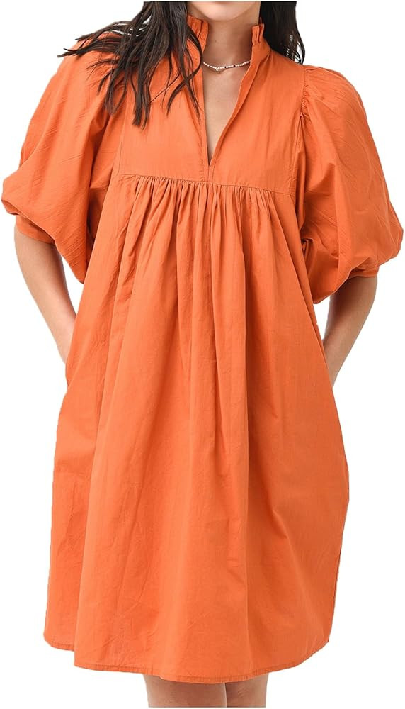 Women's Ruffle Collar High Neck Babydoll Dress Puff Short Sleeve Cotton Mini Dress with Pockets f... | Amazon (US)