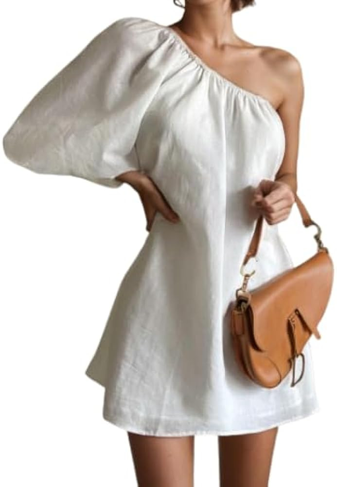 Womens One Shoulder Linen Mini Dress Casual Cold Shoulder Batwing Sleeve Short Dress Solid Summer... | Amazon (US)