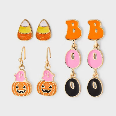 Halloween Boo & Jack-O-Lantern Candy Corn Earring Set 3pc - Gold/Orange/Yellow | Target