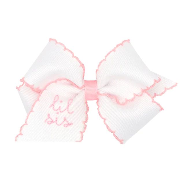 Embroidered Lil Sis Moonstitch White Bow | Classic Whimsy