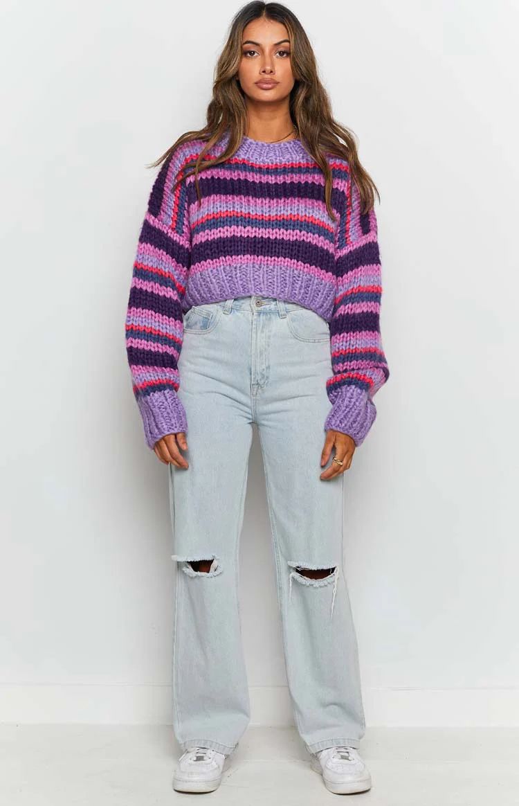 Belmont Stripe Sweater Purple | Beginning Boutique (US)
