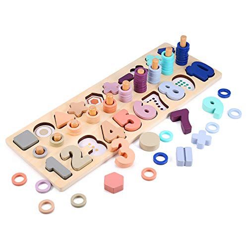Wooden Number Shape Puzzles Sorting Montessori Toys for Toddlers, Voamuw Shape Sorter Counting Game  | Amazon (US)