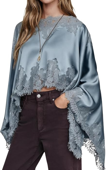 Women Lace Trim Patchwork Poncho Shawl Boho Pullover Cape Wrap Top | Amazon (US)
