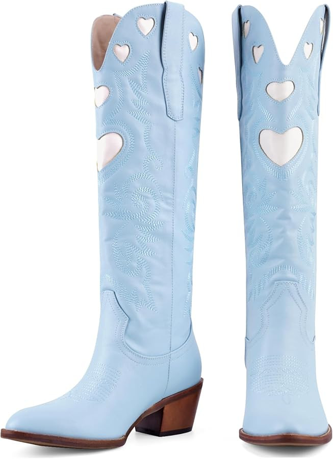 Cowboy Boots for Women Wide Calf Round Toe Chunky Stacked Heel Knee High Cowgirl Boot Heart Patte... | Amazon (US)