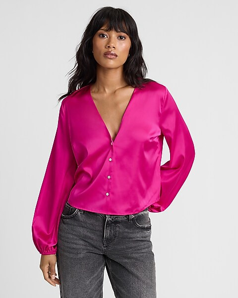 V-neck Balloon Sleeve Button Up Shirt | Express