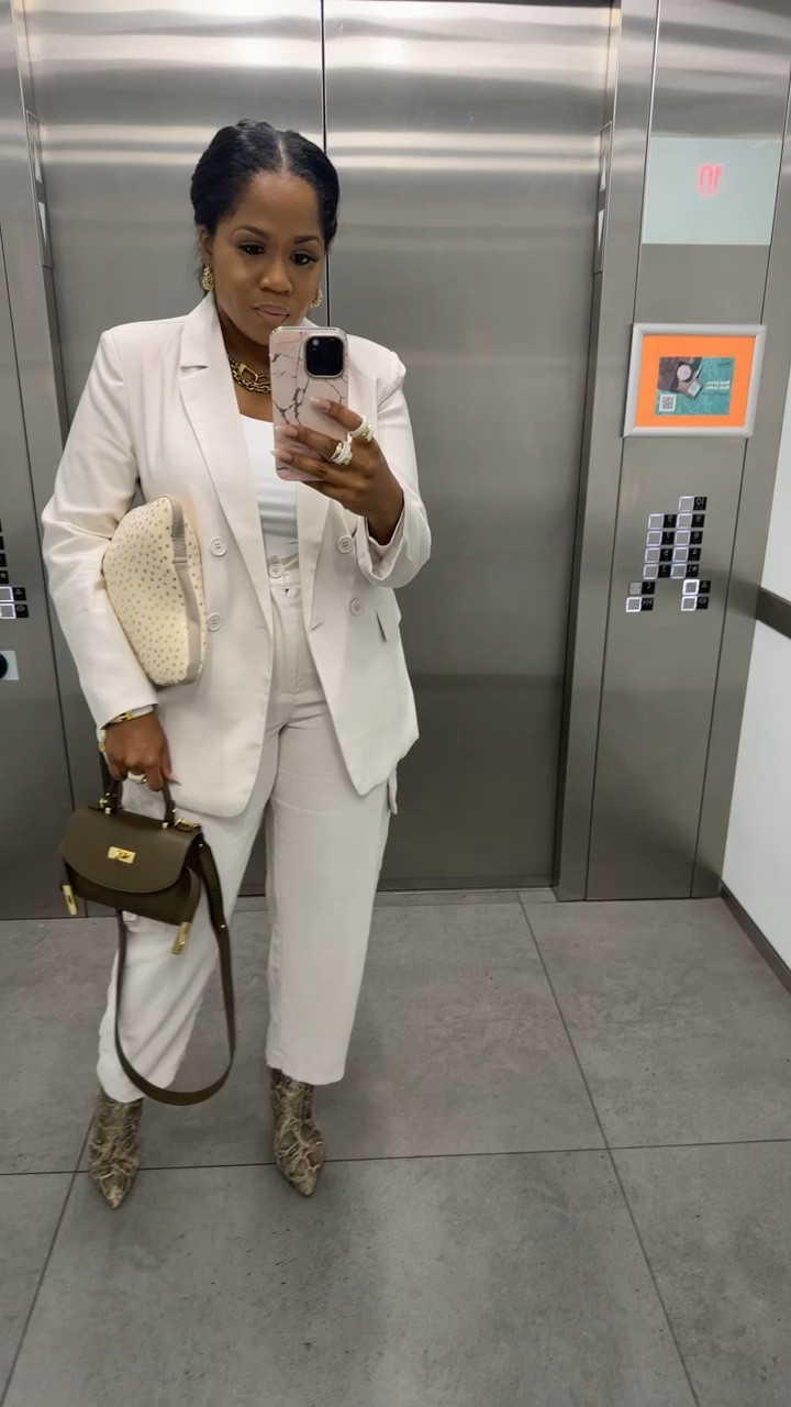 Outfit of the Day to Run Into The City.
Wearing medium in blazer and large in bottoms . 
Large in bodysuit. Booties are older tagged a similar style 

#LTKGiftGuide #LTKworkwear #LTKover40
