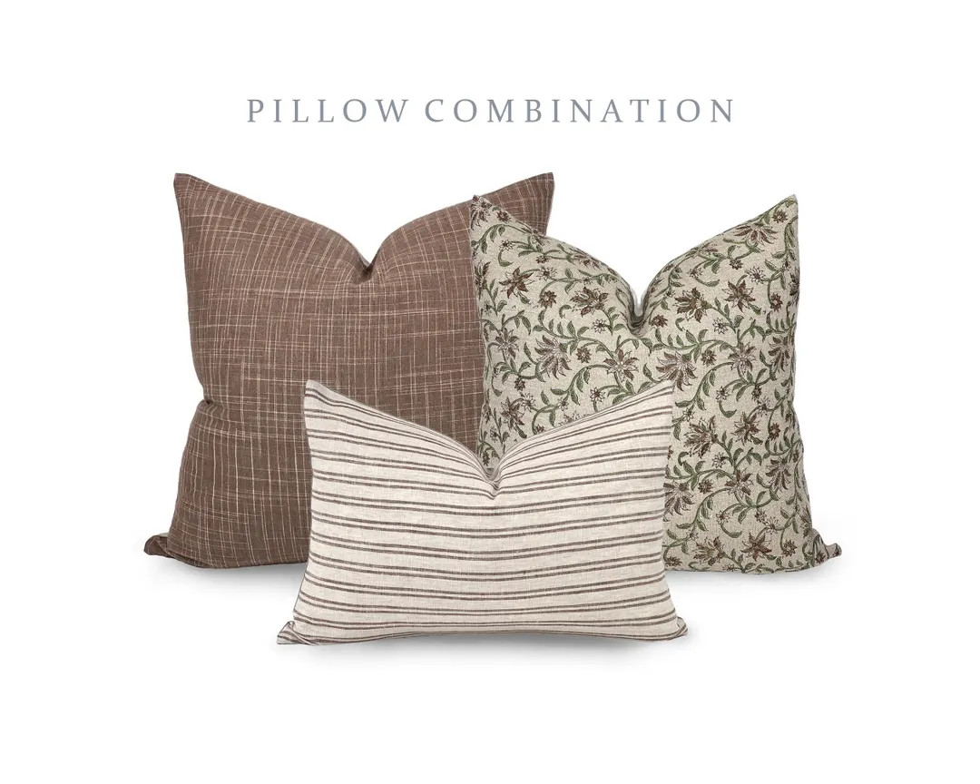 PILLOW COMBO | Warm Neutrals, Brown Flecked Pillow, Earthy Floral Pillow, Striped Pillow, Pillow ... | Etsy (US)
