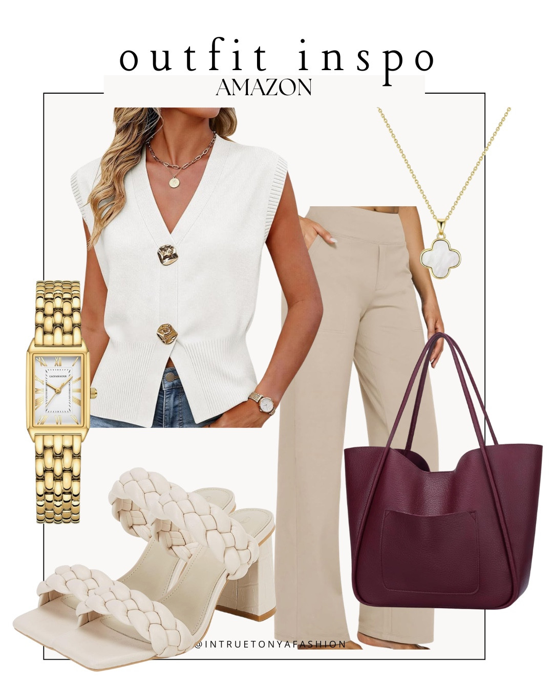 Summer workwear from amazon — white sleeveless sweater vest, khaki work pants, white heels, burgundy tote bag, and gold jewelry 







Amazon outfits, summer outfit inspo, outfit ideas, casual outfits amazon, amazon outfits every day, outfit ideas 2026, summer outfits, summer work outfit, business casual

#LTKSaleAlert #LTKWorkwear #LTKootd