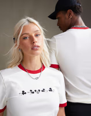 ASOS DESIGN Disney unisex muscle ringer t-shirt with Mickey Mouse faces prints in off white | ASOS (Global)
