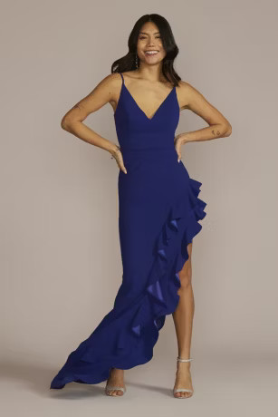 Asymmetrical Ruffled Slit Crepe Dress | Davids Bridal