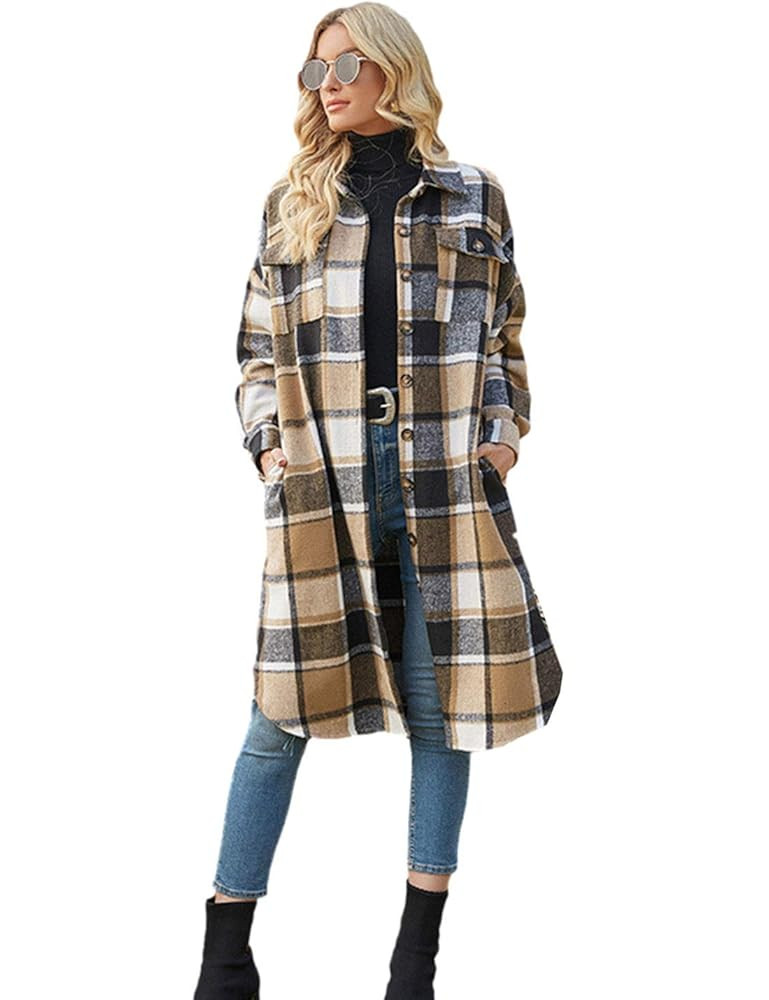 PUWEI Women's Casual Lapel Button Down Long Plaid Shirt Coat Tartan Shacket Jacket | Amazon (US)