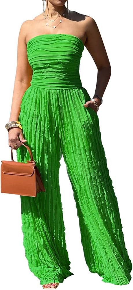Women Sexy Strapless Tube Backless Jumpsuit See Through V Neck Tie Pleated One Piece Wide Leg Lon... | Amazon (US)