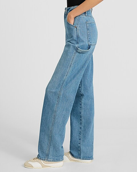 High Waisted Light Wash Relaxed Straight Carpenter Jeans | Express