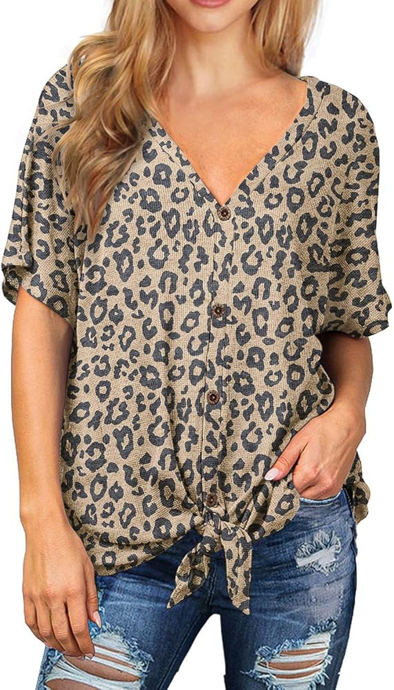 Womens Waffle Knit Tunic Blouse Tie Knot Short Sleeve Henley Tops Loose Fitting Bat Wing Shirts | Amazon (US)