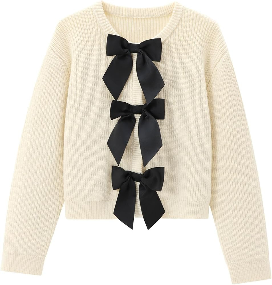 Chevara Women’s Bow Tie Knitted Cardigan Y2K Long Sleeve Crew Neck Fall Sweater | Amazon (US)