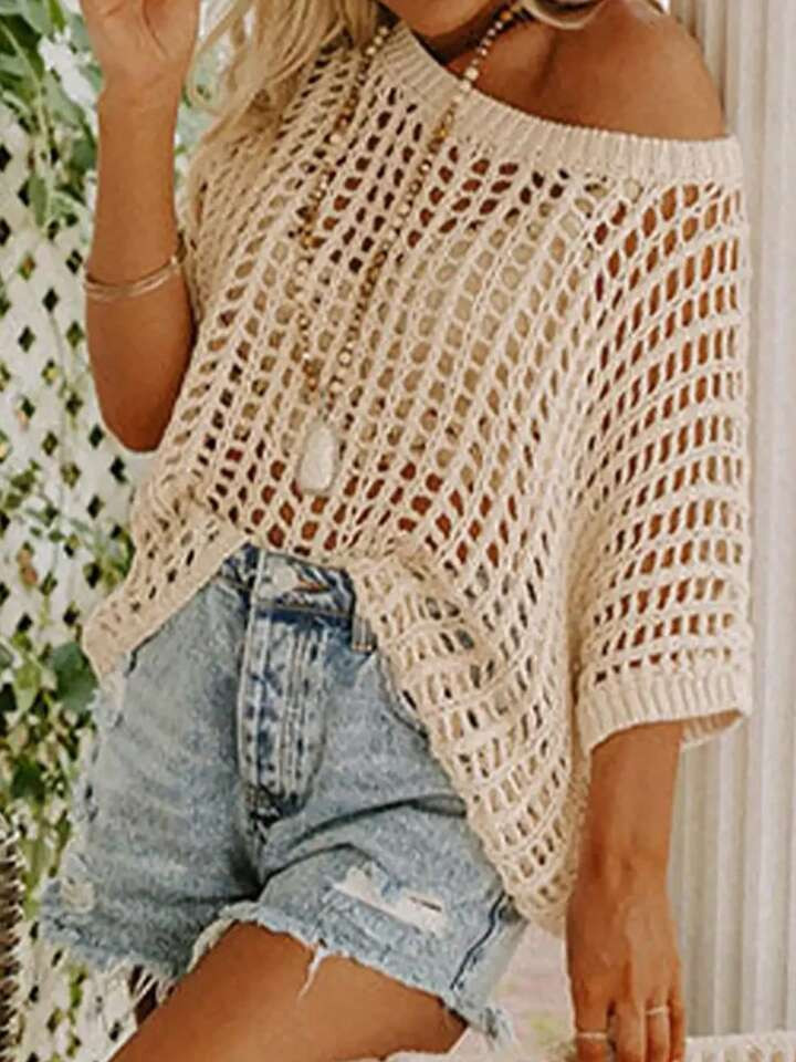 Summer Elegance Hollow-Out Short Sleeve Knit Sweater, Women's Beach Cover-Up | SHEIN
