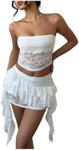 GORGLITTER Women's 2 Piece Lace Tube Top Skort Set Country Concert Outfits | Lace Tube Top, Ruffl... | Amazon (US)
