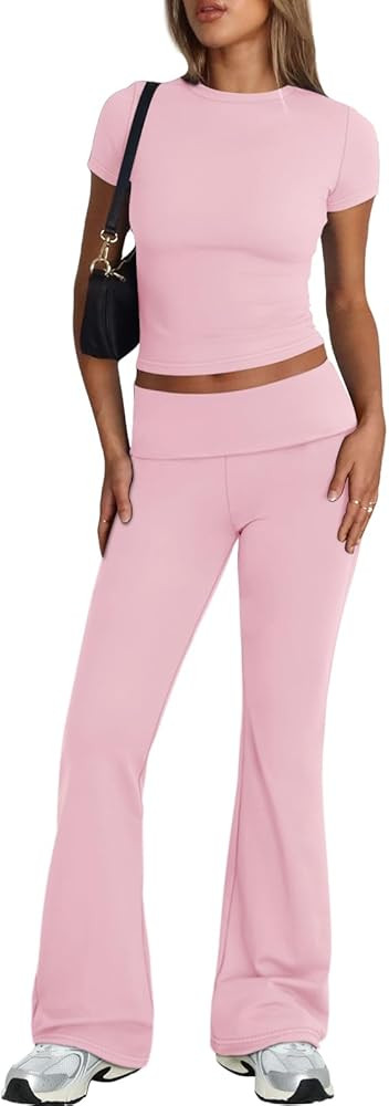 Trendy Queen Lounge Sets For Women 2 Piece Casual Y2K Outfits Short Sleeve Cropped Tops Fold Over... | Amazon (US)