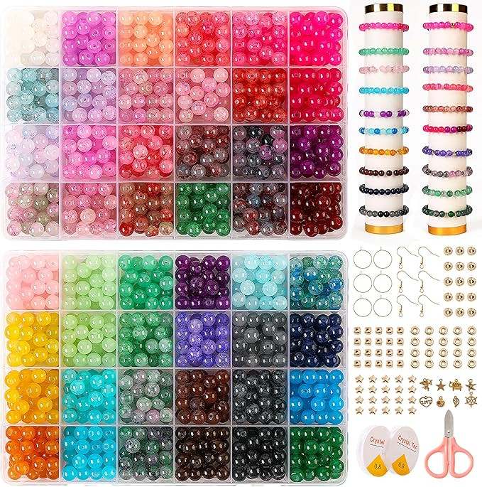 Glass Beads for Jewelry Making, 1300pcs + 8mm 48 Colors Round Crystal Glass Beads Bracelet Making... | Amazon (US)